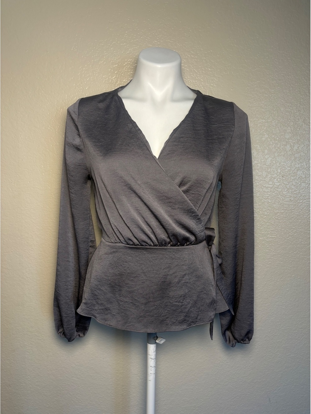 Y2K Express Gray Fairy Satin Wrap Blouse